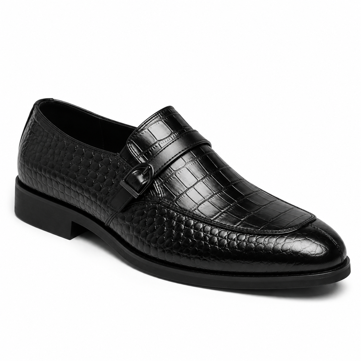 Croc-Embossed Leather Buckle Loafers